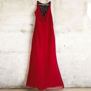 Jim Hjelm Red Formal Dress Floor Length Black Lace Tall Long 16/18 Chiffon Sheer